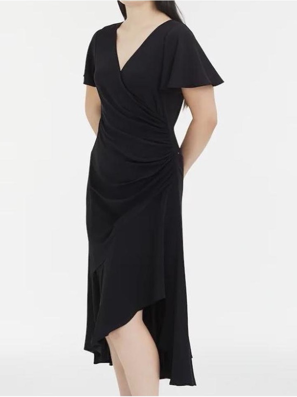 Kensie Black High-Low Wrap Dress with Flutter Sleeves